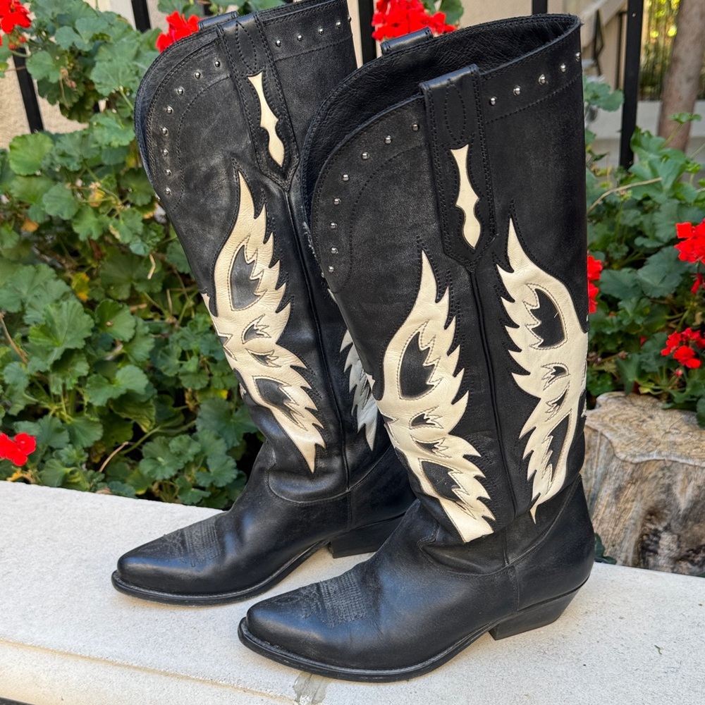 Limited Edition Golden Goose Black and Cream Western Cowboy Boots